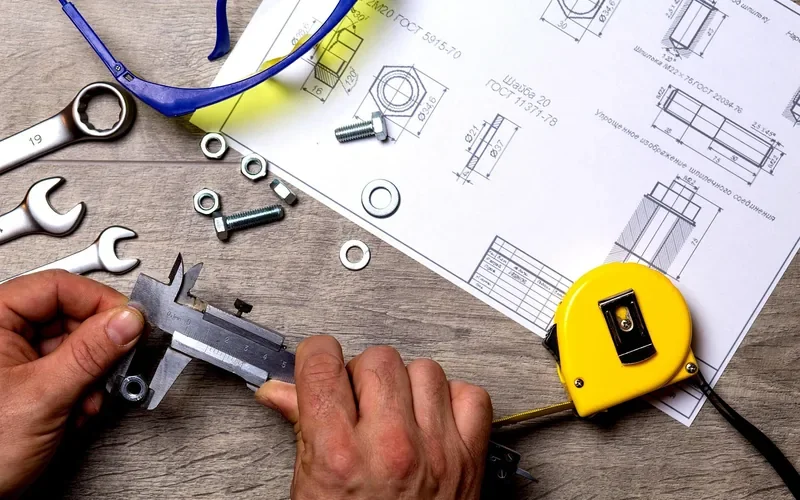 Safety glasses next to wrenches and a caliper on a workbench before starting a cutting job