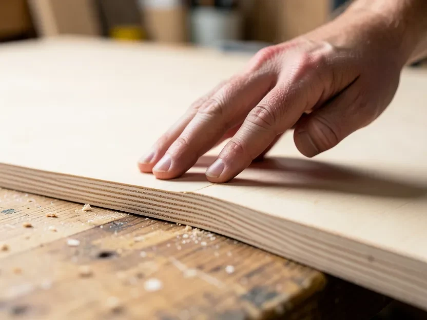 Close-up of a hand touching the smooth sanded face and layered edge of a plywood sheet