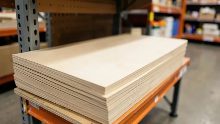 Stack of 3/4-inch sanded plywood sheets on a warehouse shelf