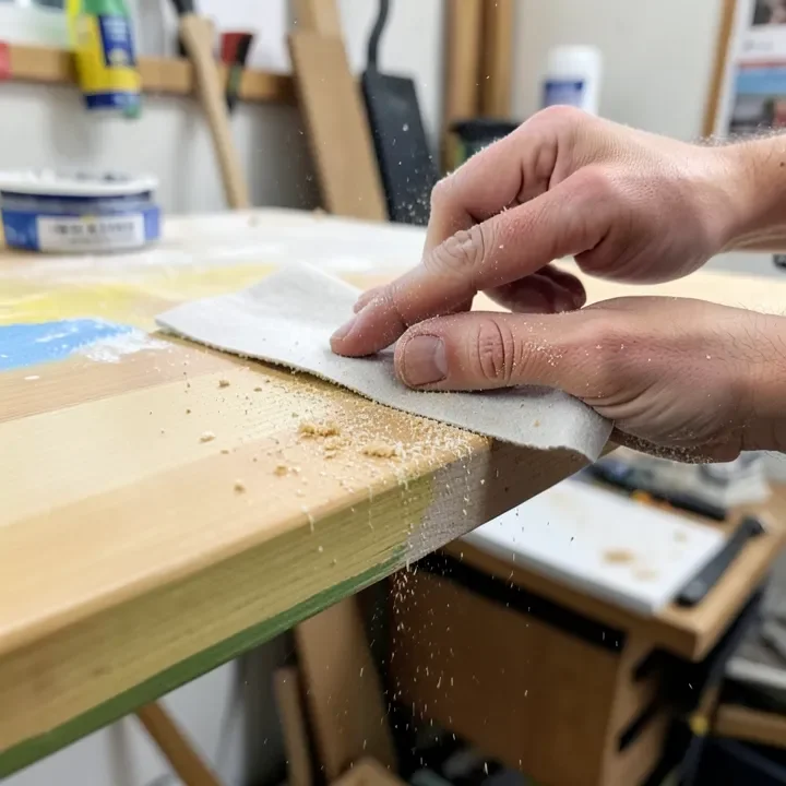 Sanding a painted wooden shelf lightly between coats