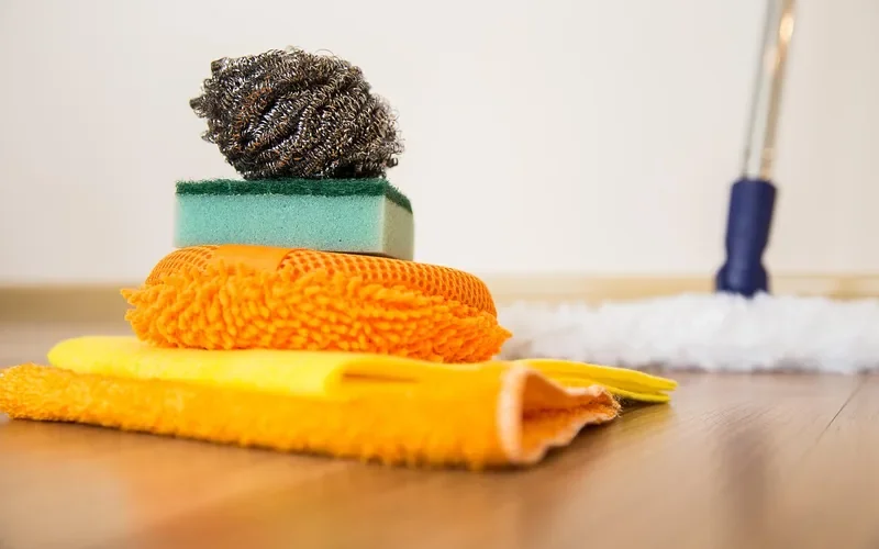 Soft cloths and a dust mop on a hardwood floor for pet accident cleanup Soft cloths and a dust mop on a hardwood floor for pet accident cleanup