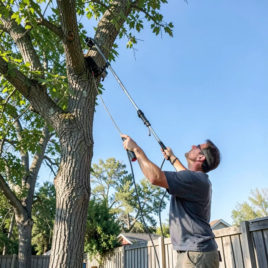 Homeowner using a manual pole saw to trim a high tree branch