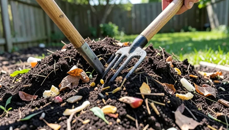 Turning a compost pile to mix in the ash evenly