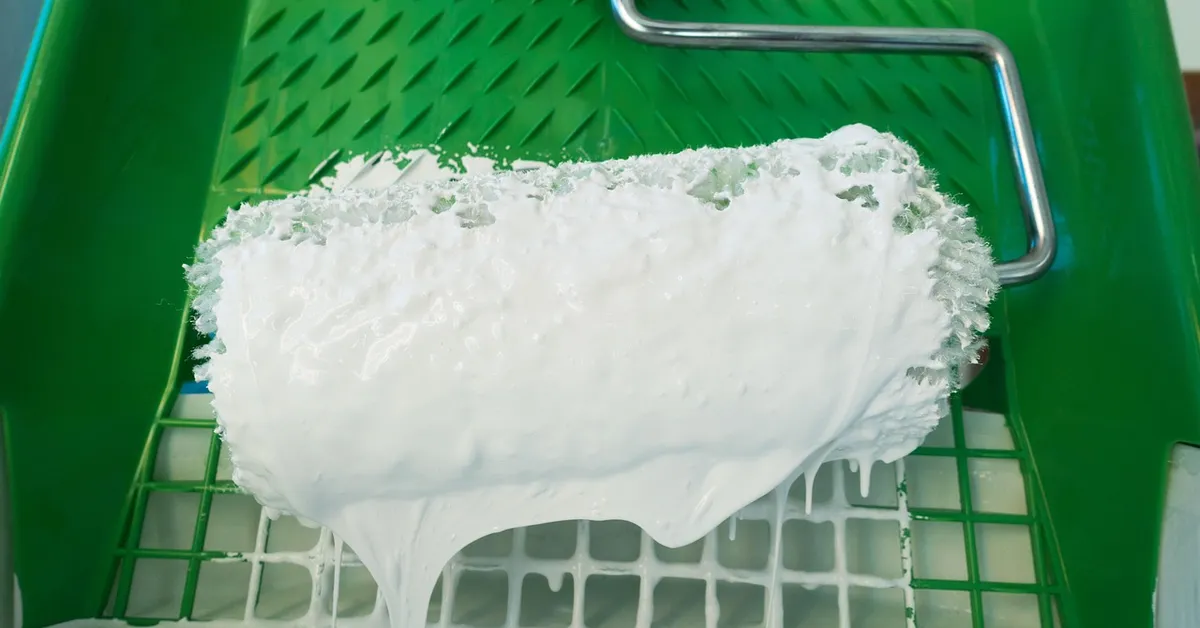 Paint roller loaded with white wall paint on a roller tray