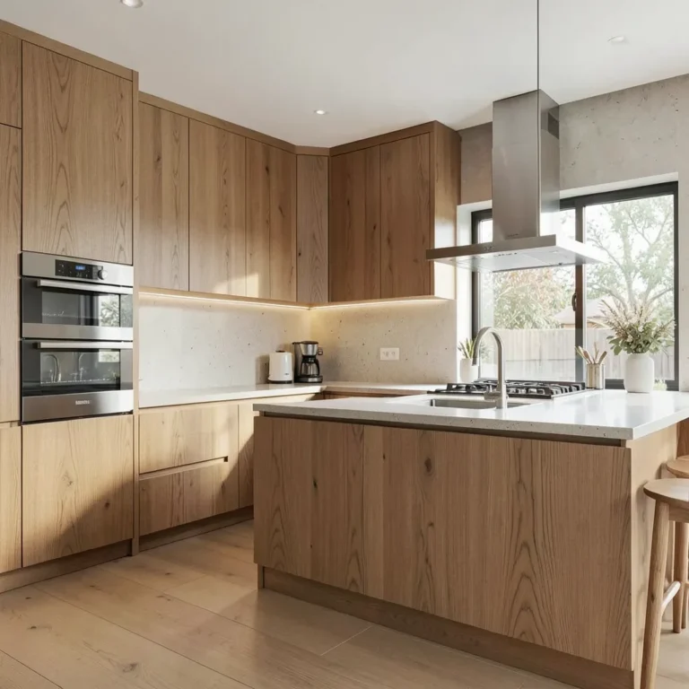 Modern kitchen with natural maple wood cabinets