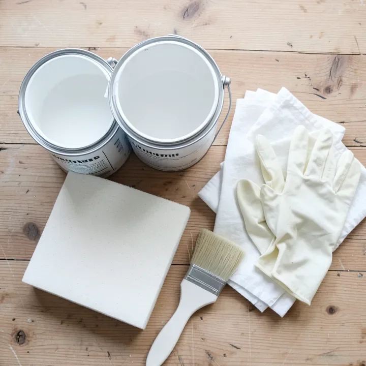 Whitewashing supplies: white latex paint, sanding sponge, foam brush, rags, gloves