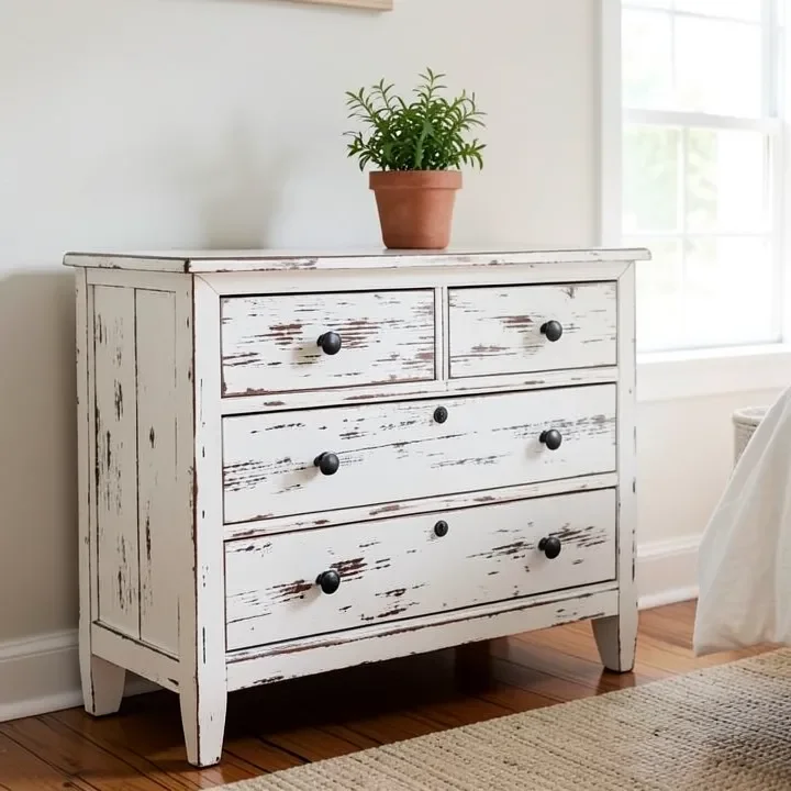 Finished whitewashed dresser with dark wood grain showing through in a bright bedroom