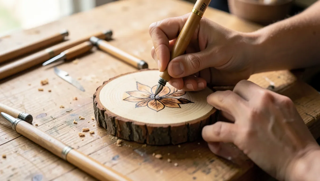 Beginner using a wood burning pen to burn a floral design into a wood slice