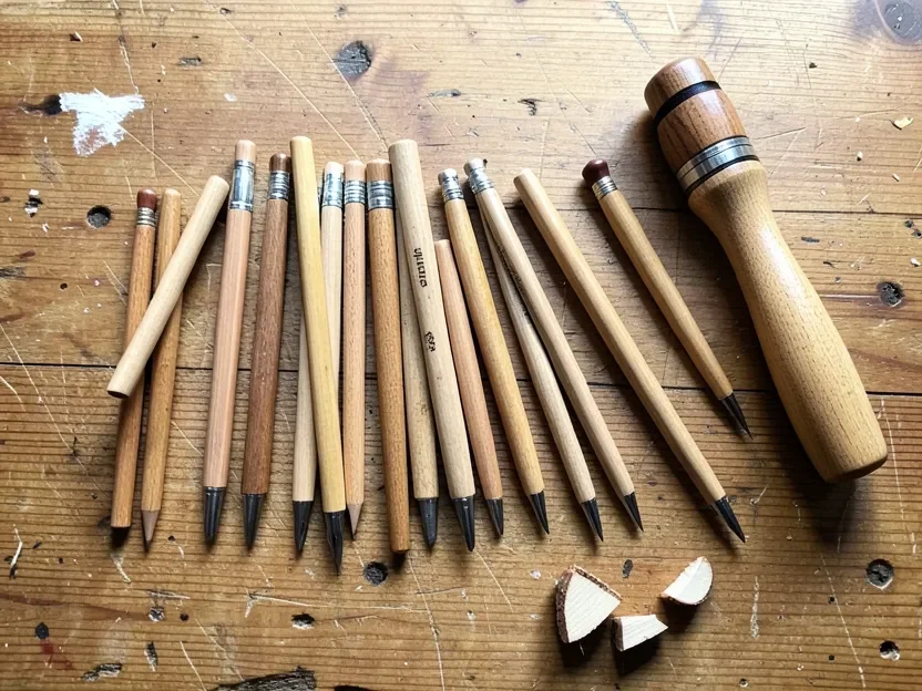 Assortment of interchangeable wood burning pen tips laid out on a workbench