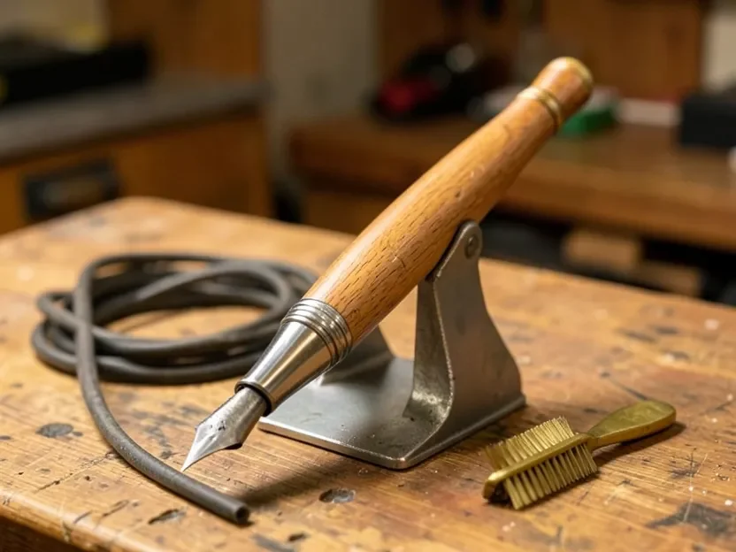 Wood burning pen tool resting safely on its metal stand to cool