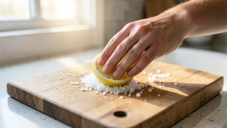 Hand scrubbing a wood cutting board with lemon and coarse salt to remove odor