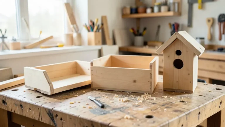 Finished beginner wood projects including a floating shelf, storage crate, and birdhouse on a workbench
