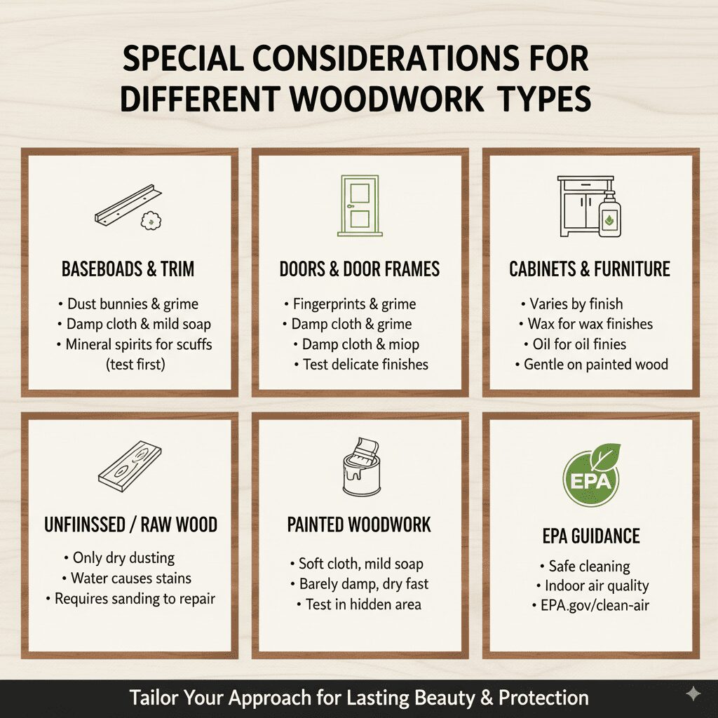 Cabinets, baseboards, and door trim finished in different wood tones