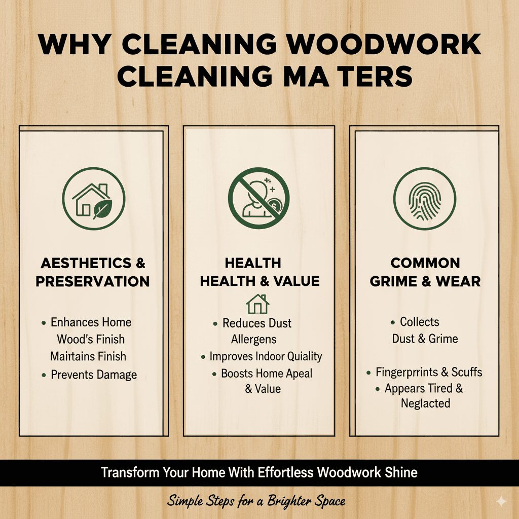 Close-up of dust and grime buildup on wood trim before cleaning