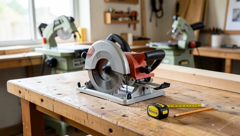 A workshop workbench set up with common power saws and measuring tools