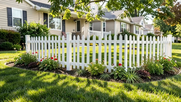 4-foot white picket wood fence along a front yard with flower beds