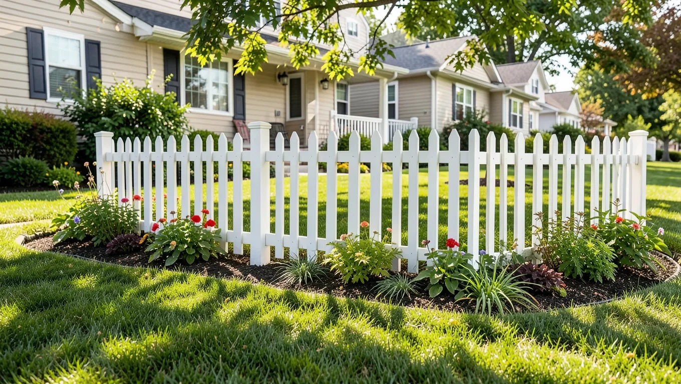 4-foot white picket wood fence along a front yard with flower beds