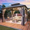 AirWire 10x12 hardtop aluminum gazebo with curtains on a wood deck