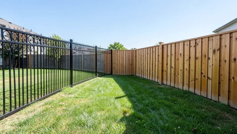 Black ornamental aluminum fence next to a natural wood privacy fence in a backyard, showing the open vs. solid style difference