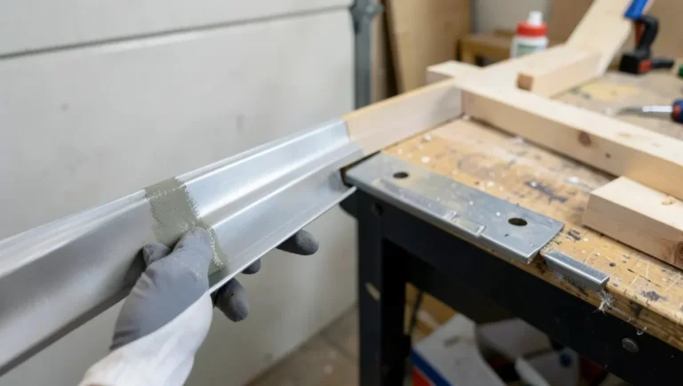 Applying self-etching primer to aluminum trim before painting in a woodworking shop