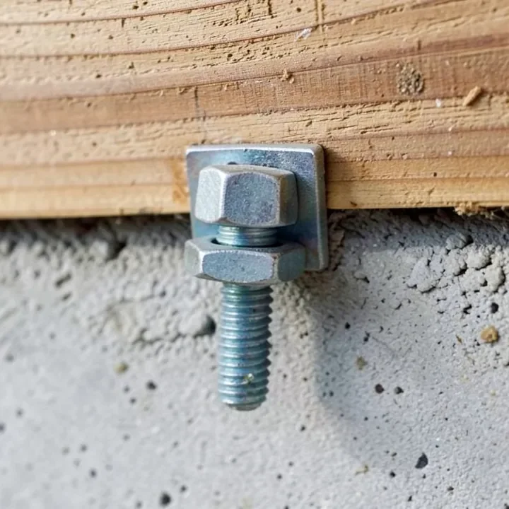 Anchor bolt with plate washer and nut on a wood sill plate