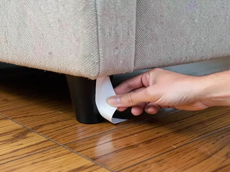 Applying anti-slip tape under a couch leg on hardwood floor