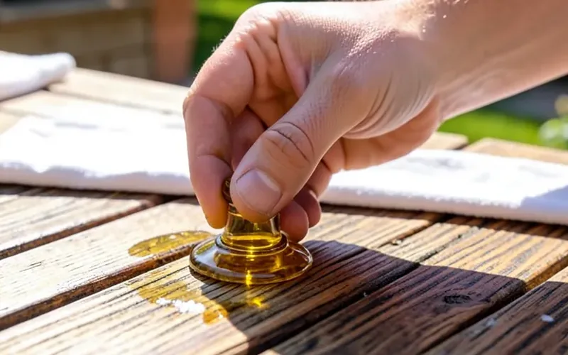 hand applying teak oil to a weathered outdoor wood table hand applying teak oil to a weathered outdoor wood table