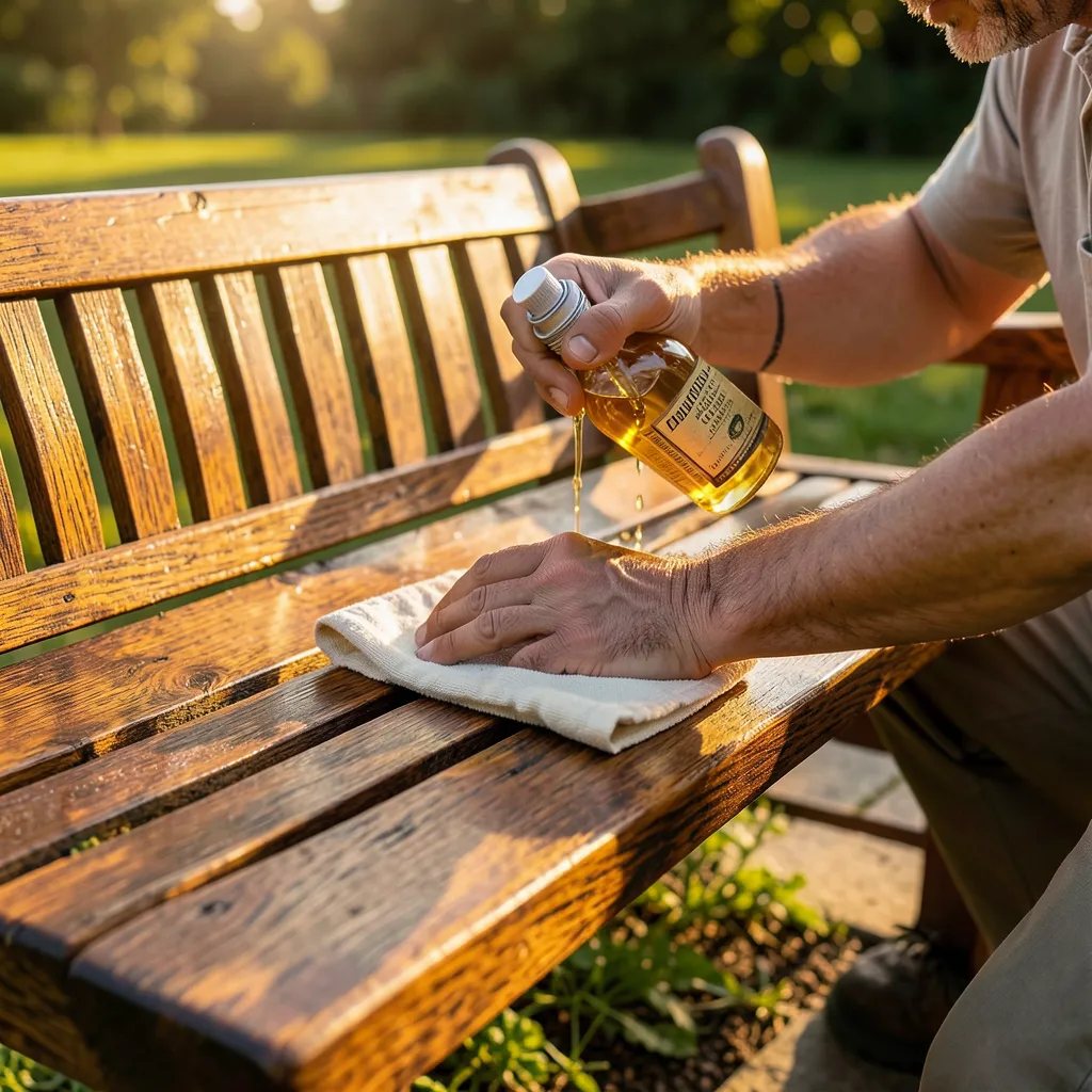A person applying golden teak oil with a cloth to a restored teak wood outdoor bench