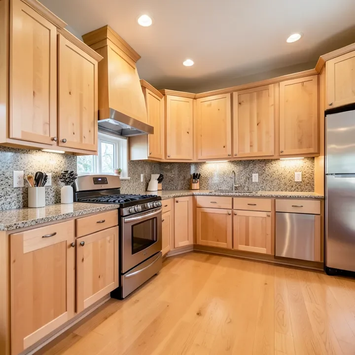 finished kitchen with light maple wood cabinets and granite countertop