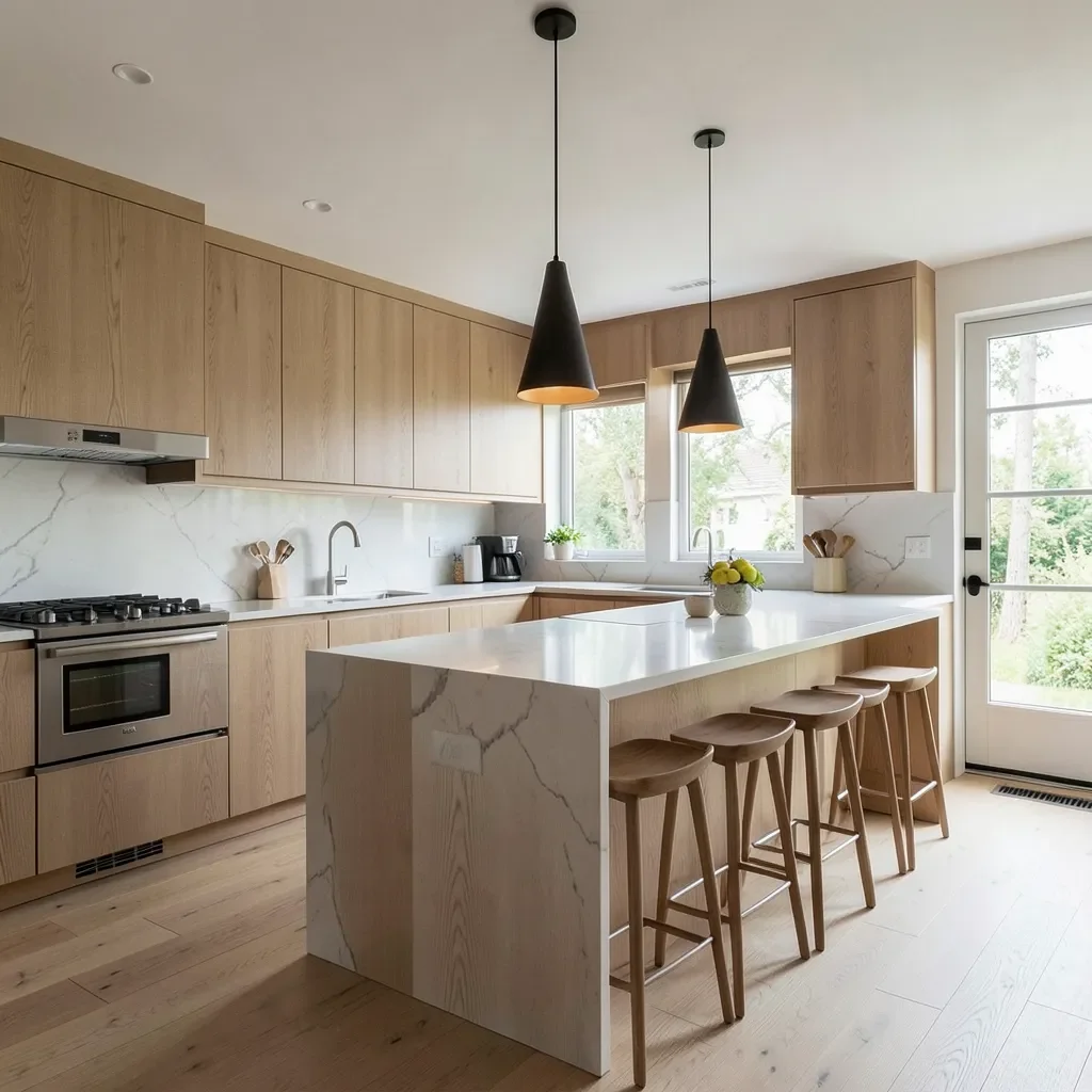 modern kitchen with natural maple wood cabinets and a kitchen island