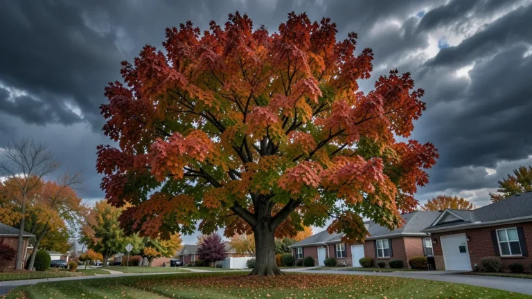 Large mature maple tree with autumn foliage standing in a residential yard