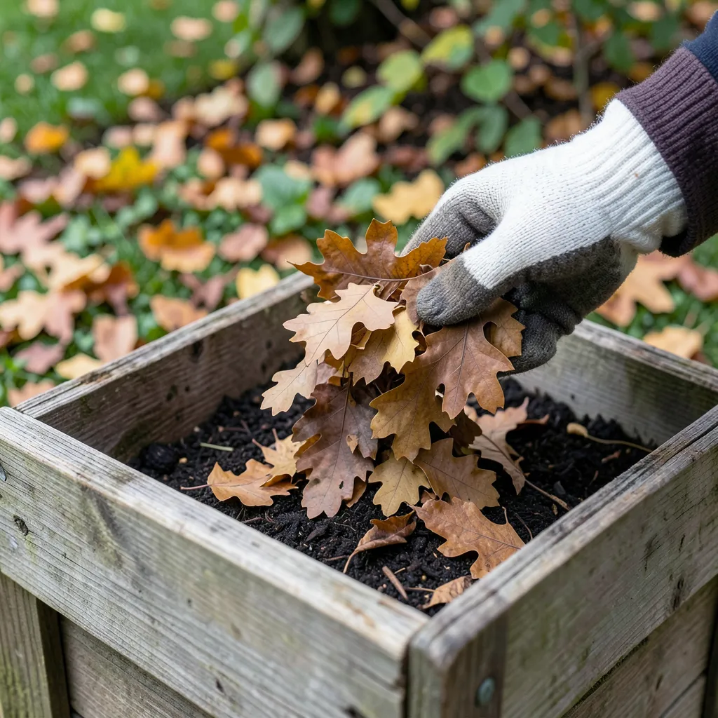 Gloved hand adding fallen oak leaves to a wooden compost bin