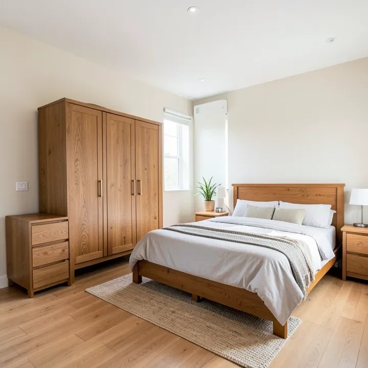 A bedroom layout with oak furniture arranged for clear traffic flow around the bed
