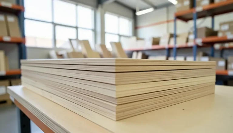 Stacked ash hardwood boards in a home improvement store lumber aisle
