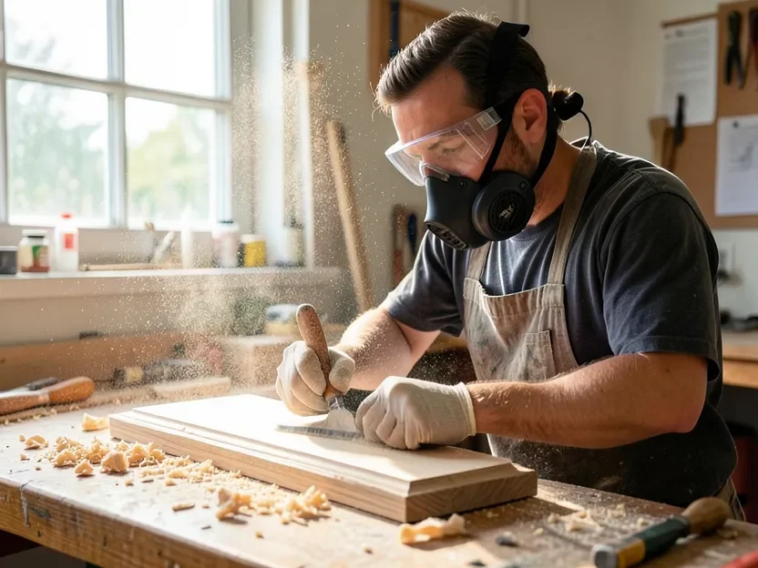 Woodworker wearing safety glasses and a dust mask working a board on a workbench