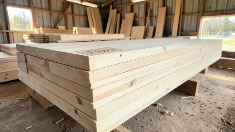 Stack of ash lumber boards with a price tag at a hardwood lumberyard