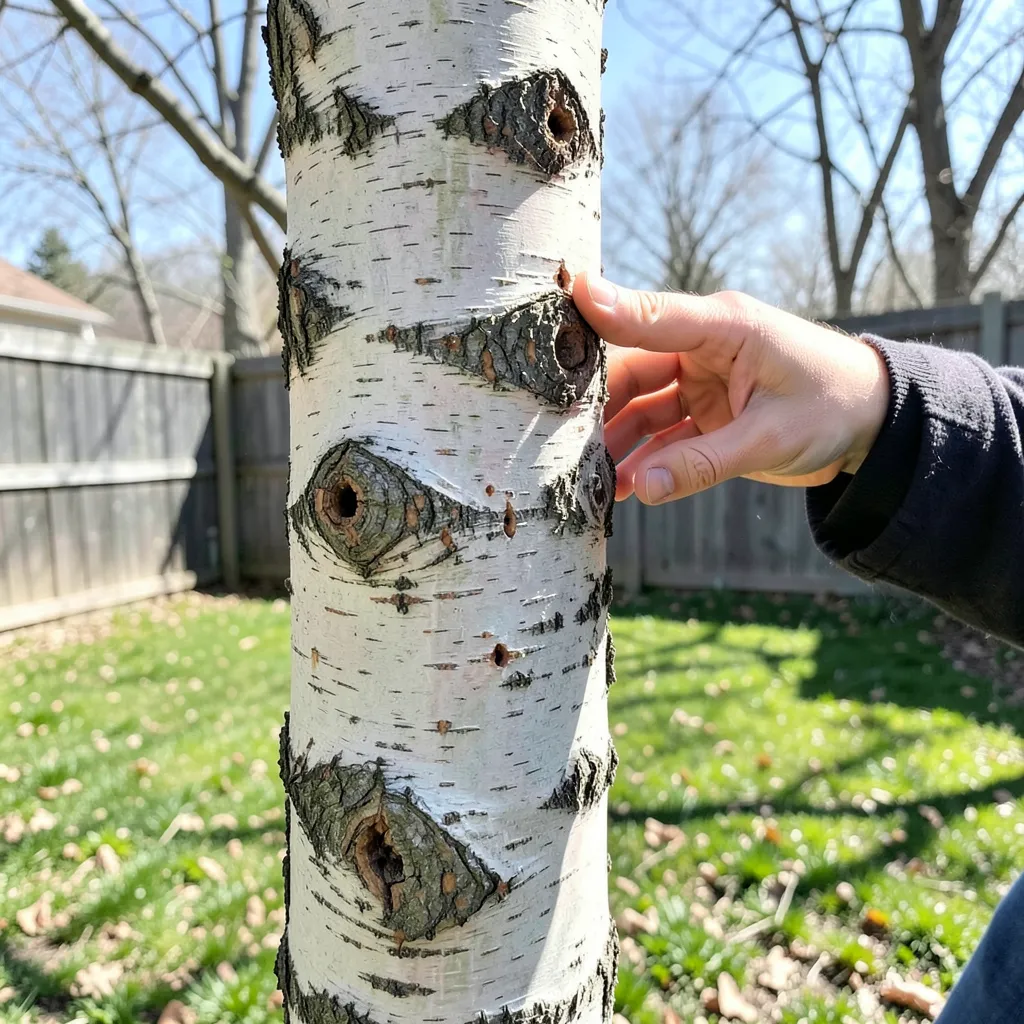 Inspecting a bare ash tree trunk for Emerald Ash Borer exit holes in spring