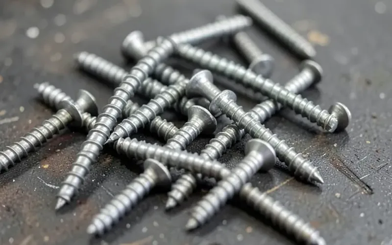 Assorted stainless steel wood screws in different sizes on a workbench