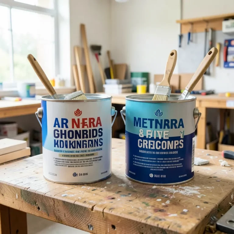 Two gallon paint cans and brushes on a workbench