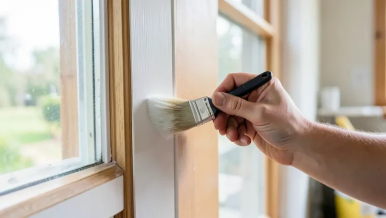 Painting a wood door trim with white satin paint using a paintbrush