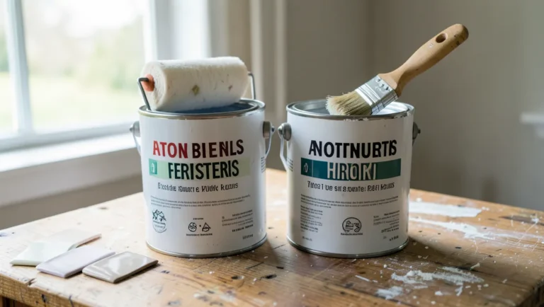 Two gallon paint cans with a roller and brush on a wooden workbench, representing a paint brand comparison