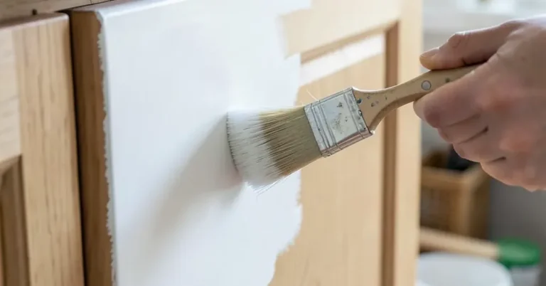 Paintbrush applying satin paint to a wood kitchen cabinet door