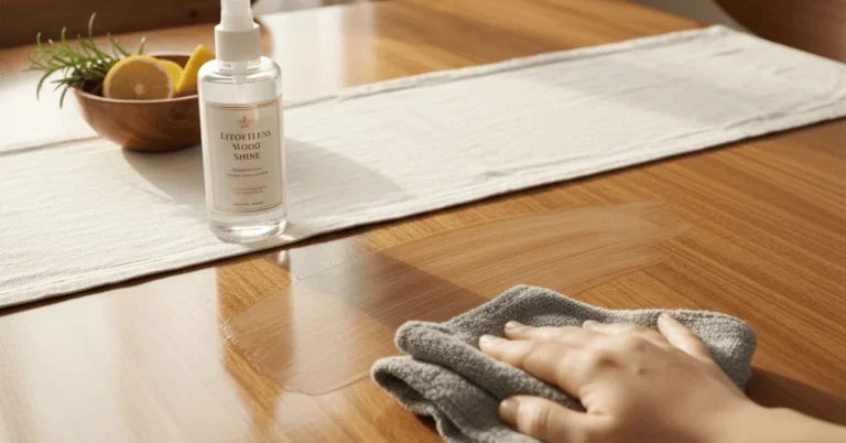 Wiping a wood table clean with a soft microfiber cloth
