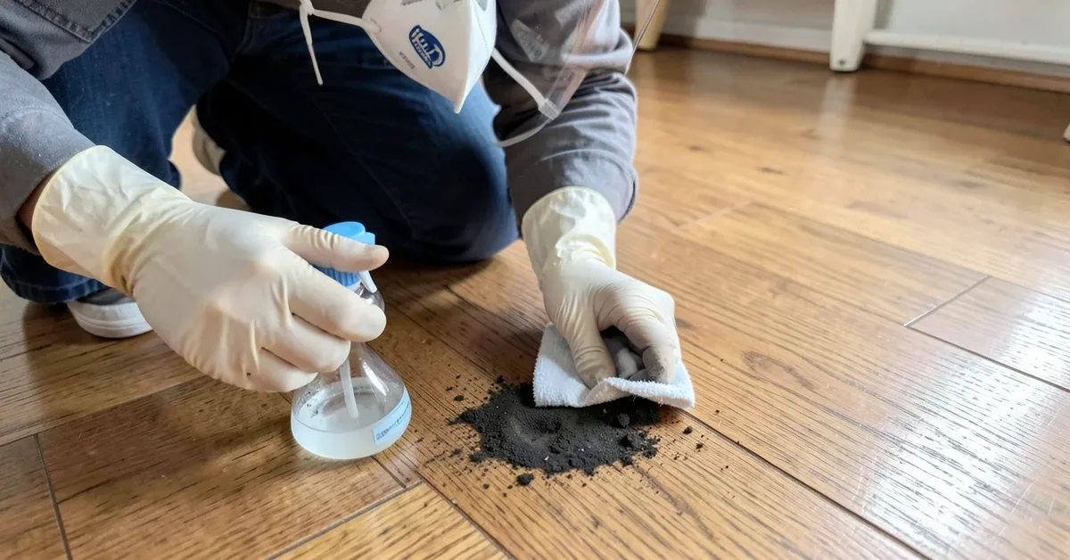 Person wearing respirator and gloves cleaning mold from a hardwood floor