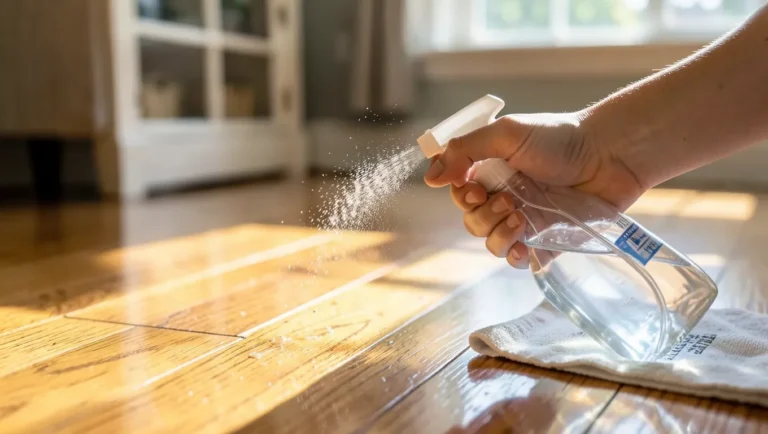 Spraying hardwood floor cleaner onto a sunlit hardwood floor before wiping with a microfiber cloth