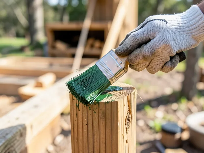 Applying green copper naphthenate wood preservative with a brush to the cut end of a pressure-treated post