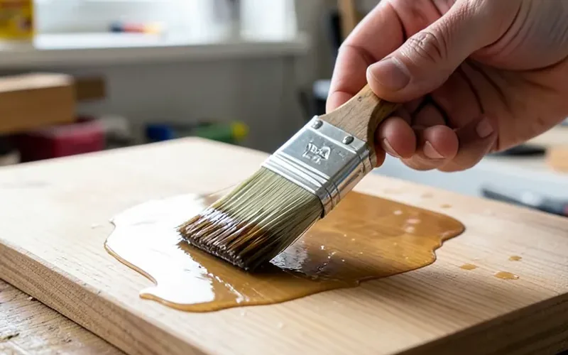 hand brushing clear varnish onto a bare wood board
