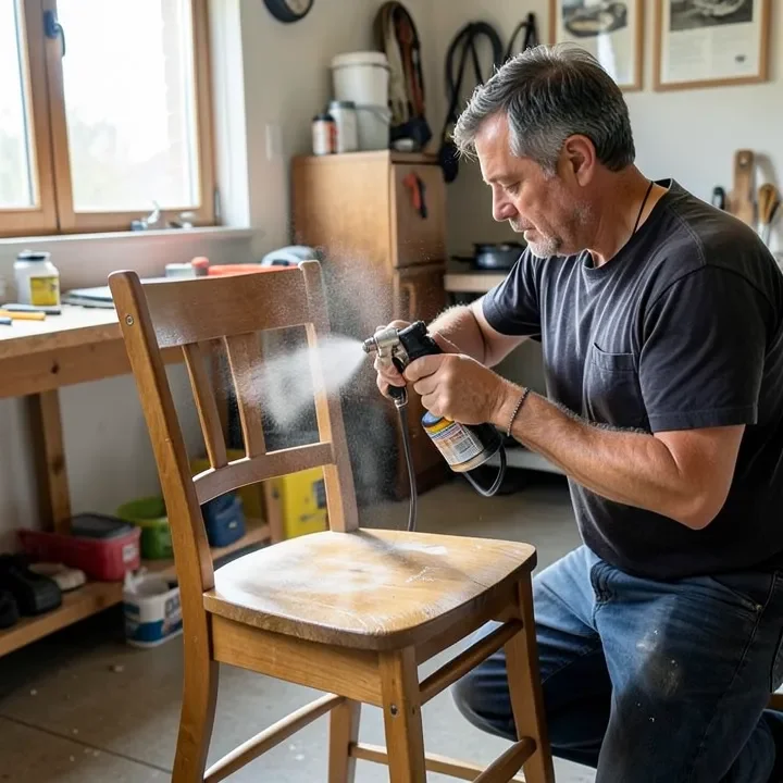person using a handheld HVLP spray painter on a wooden chair in a garage workshop