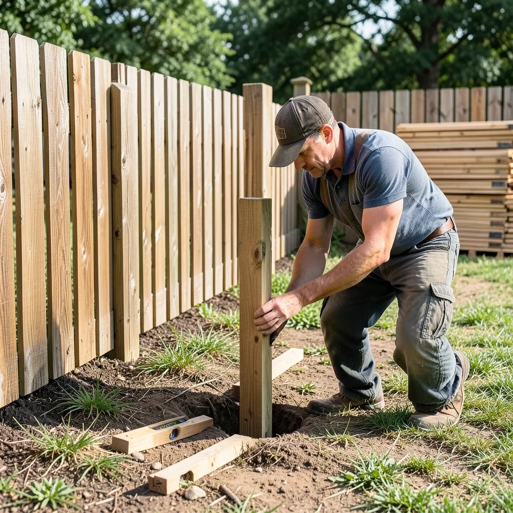 Setting a wood fence post in a backyard during a DIY fence build