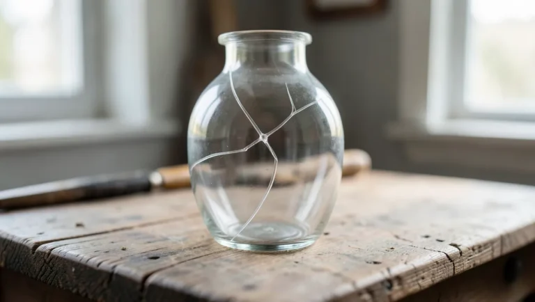Cracked glass vase on a workbench before repair with clear adhesive